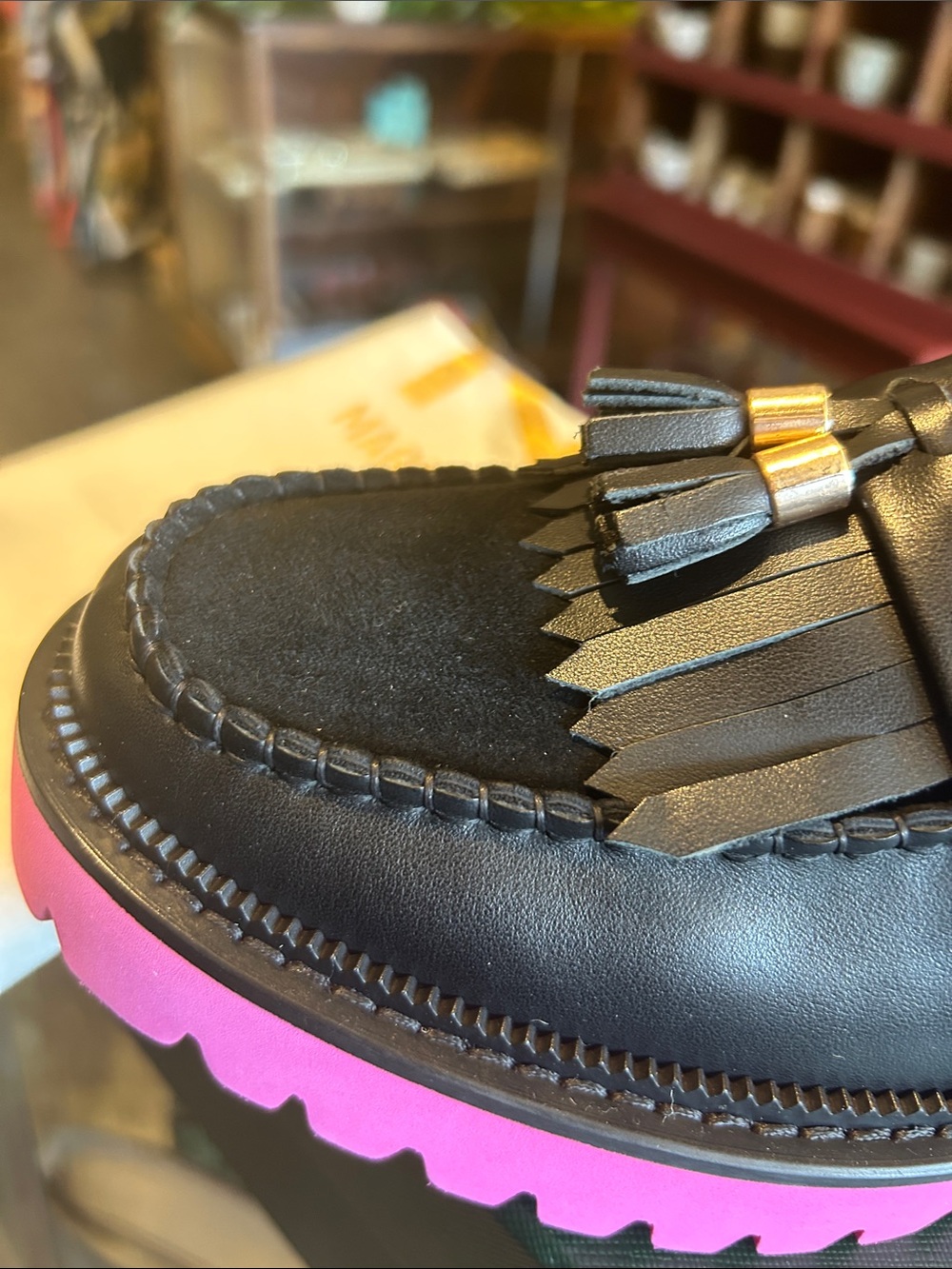 Black Leather Kiltie Loafer with Hot Pink Lug Sole - Picture 4 of 10